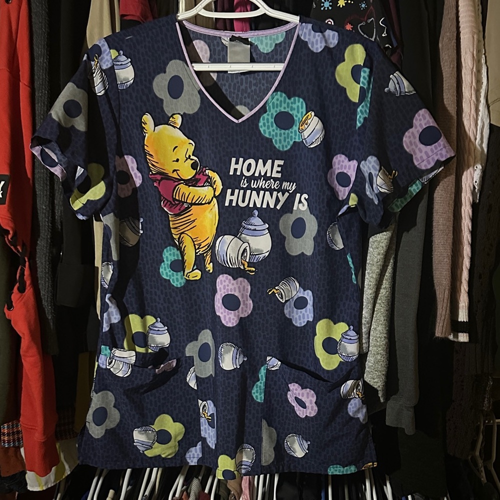 Disney Winnie the Pooh V-Neck Scrub Top - Navy and Lavender